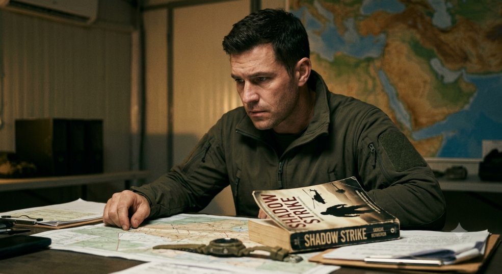 Unlocking Shadow Strike (2026): Why Brad Taylor’s Thriller Is the Ultimate Entry Point for New Readers 2 shadow strike A military operative in a green tactical fleece jacket studying a topographical map on a desk with a physical copy of Shadow Strike by Brad Taylor placed beside tactical gear and clipboard documents.