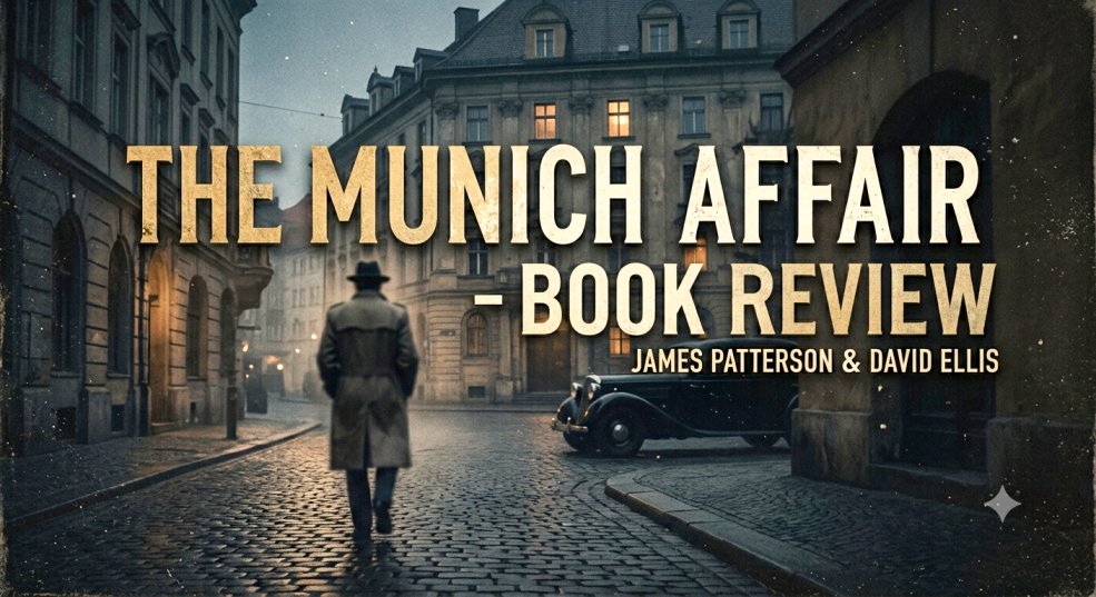 Featured image for a book review of The Munich Affair by James Patterson, showing a man in a trench coat walking down a dark Munich street with vintage typography over the scene.