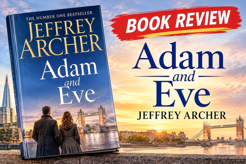 Master of the Twist? Jeffrey Archer’s Adam & Eve (2026) is High-Stakes Suspense at Its Best 4 adam & eve Adam & Eve by Jeffrey Archer book review banner featuring a blue and gold book cover, a silhouetted couple, and a London skyline at sunset.