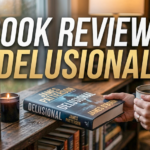 A atmospheric featured image for a book review of "Delusional" by James Patterson and James O’Born, showing the novel on a bookshelf with text overlay.