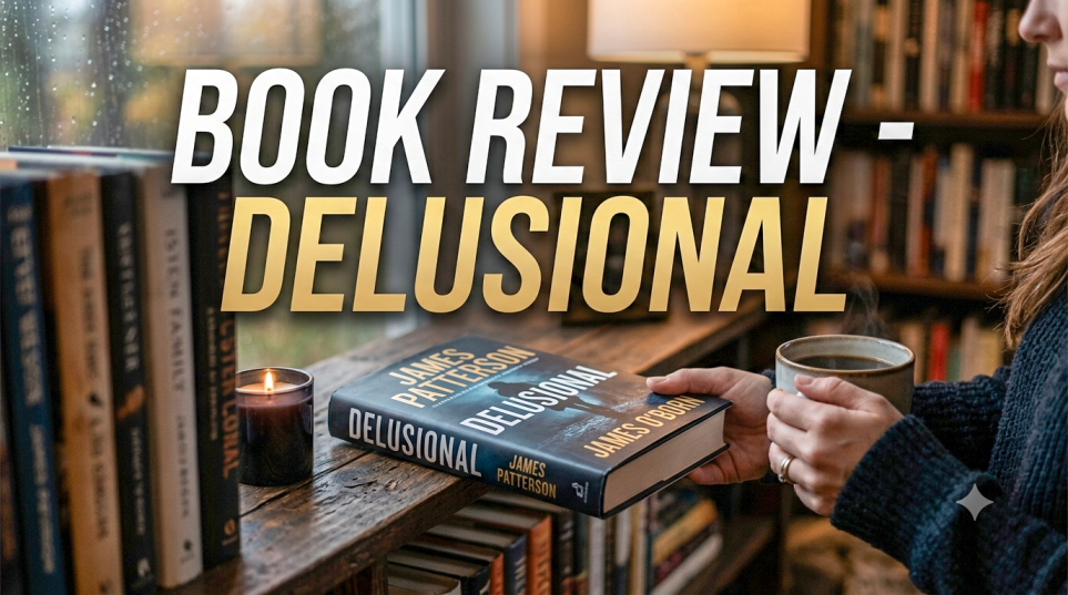 Delusional by James Patterson (2026) Book Review: Is This Latest Mind-Bending Thriller Worth Your Time? 1 Delusional A atmospheric featured image for a book review of "Delusional" by James Patterson and James O’Born, showing the novel on a bookshelf with text overlay.