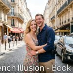 Featured header image for a book review of John Grisham's The French Illusion, depicting a white honeymooning couple in bright sunny Paris with a black Peugeot taxi parked in the background and overlay text reading 'The French Illusion - Book Review'