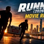 Two silhouetted men running with a human organ transport cooler through a Brisbane-inspired cityscape as cars follow, with Runner (2026) Movie Review text above