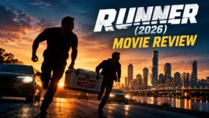 Two silhouetted men running with a human organ transport cooler through a Brisbane-inspired cityscape as cars follow, with Runner (2026) Movie Review text above