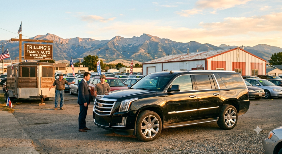 Delusional by James Patterson (2026) Book Review: Is This Latest Mind-Bending Thriller Worth Your Time? 4 Delusional A late afternoon photo of Trilling's Family Auto used car lot in Bozeman, Montana, featuring a shiny black SUV in the foreground and the Rocky Mountains in the background. From the novel Delusional.